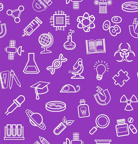 Science, fond violet, icônes de contour, monochrome, sans couture, vecteur . — Image vectorielle