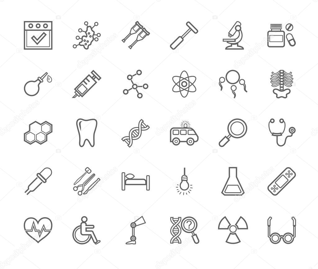 Medicine, icons, monochrome, contour drawing, flat, vector.  