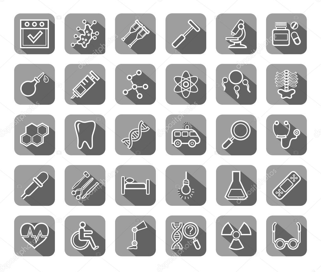 Medicine, icons, contour drawing, flat, gray, vector. 