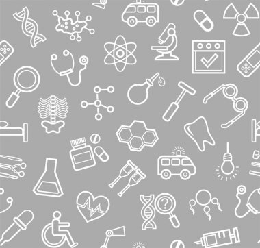 Tıp, gri arka plan, kesintisiz, kontur simgeler, vektör. 