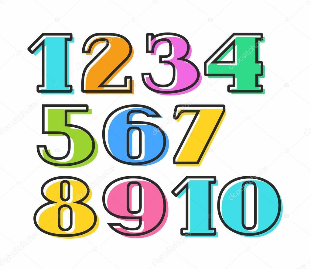 Colored numbers with black outline, vector. 