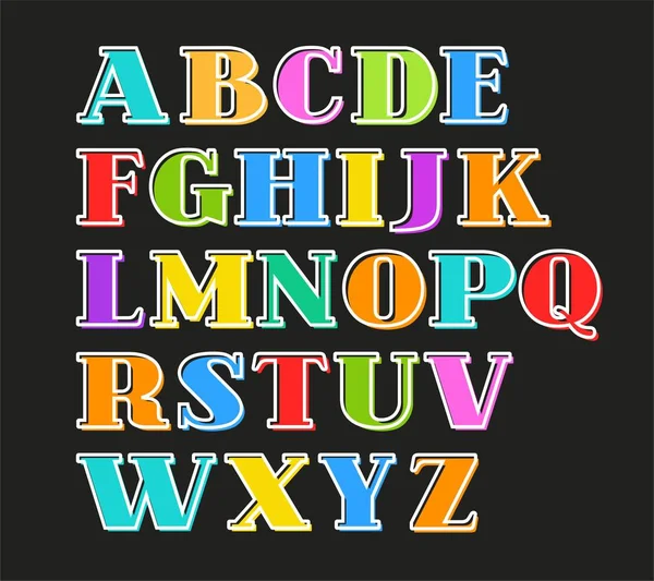 Alfabeto Inglés letras coloridas, contorno blanco, fondo negro, vector . — Vector de stock
