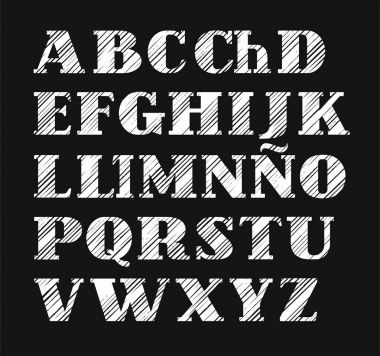 İspanyol yazı tipi, yatık tarama, beyaz, siyah arka plan, vektör. 