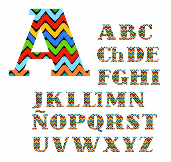 Spanisches Alphabet, bunter Zickzack, Vektor. — Stockvektor