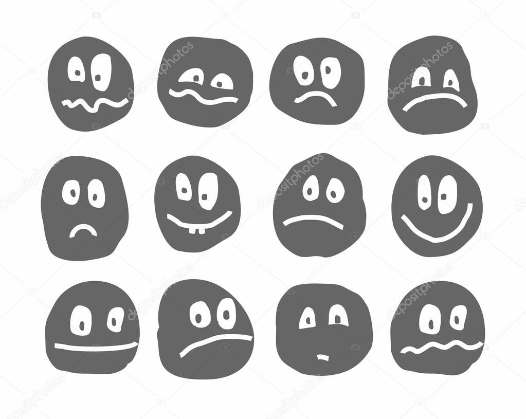 Memes, emotions, vector icons, round, gray.  