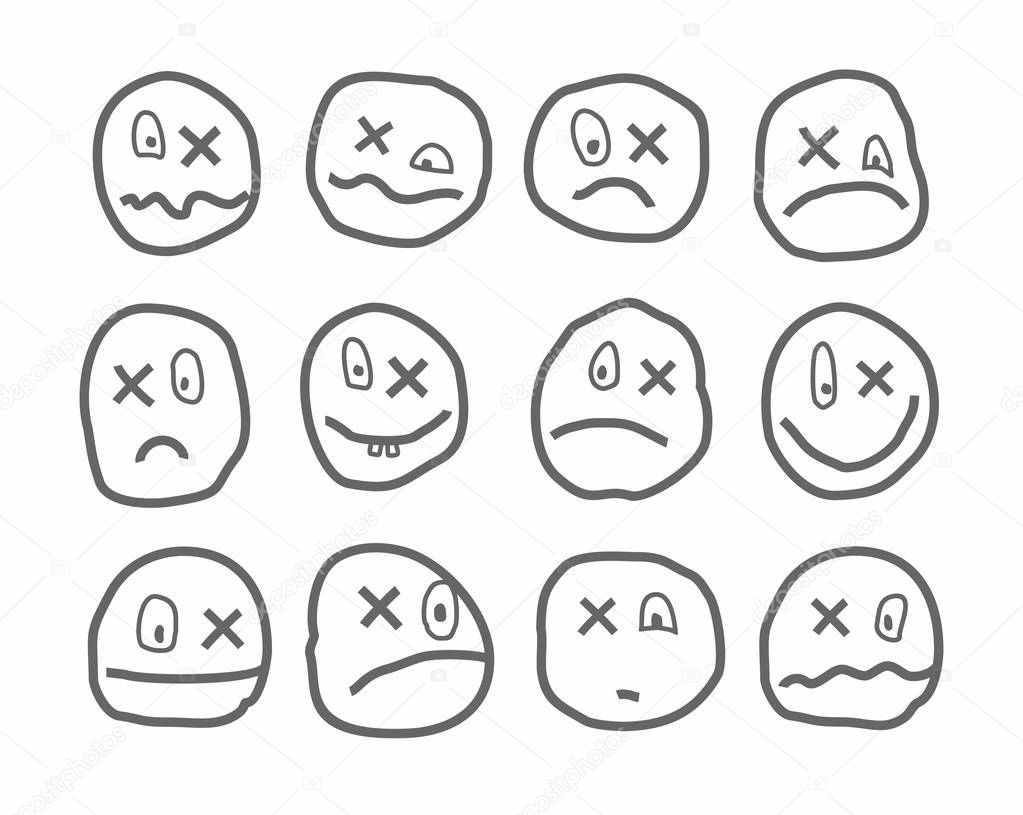 Memes, emotions, vector icons, round, with a cross. 