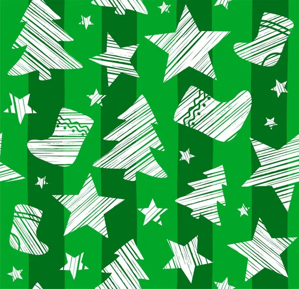 Fondo de Navidad, calcetín, estrella, árbol, sin costuras, verde, vector . — Vector de stock