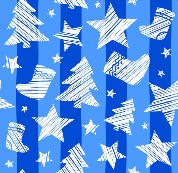 Fond de Noël, chaussette, étoile, arbre, sans couture, bleu, vecteur . — Image vectorielle