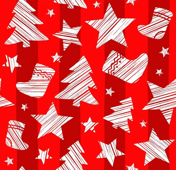 Fondo de Navidad, calcetín, estrella, árbol, sin costuras, rojo, vector . — Vector de stock