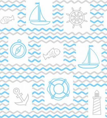 Deniz arka plan, sorunsuz, dalga, zigzag, kontur çizim, beyaz ve gri. 