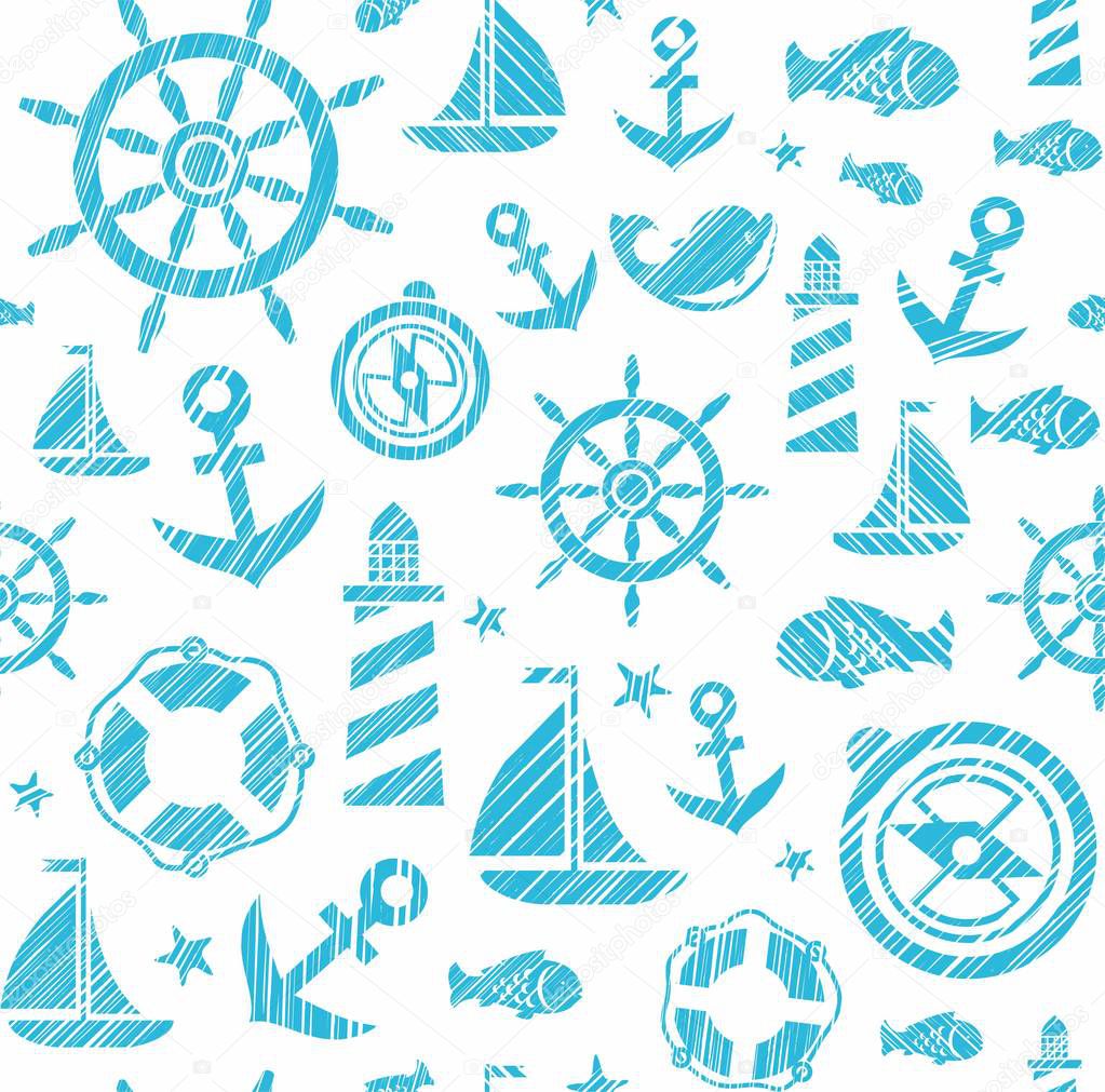 Nautical background, seamless, white-blue, vector. 