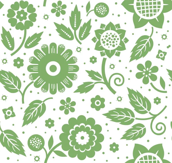 Blommor och blad, dekorativa bakgrund, sömlös, grön och vit, vector. — Stock vektor