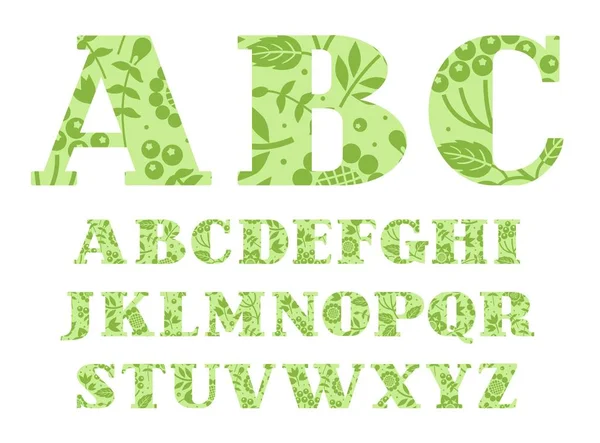 Englisches Alphabet, Beeren und Kräuter, hellgrün, Vektor. — Stockvektor