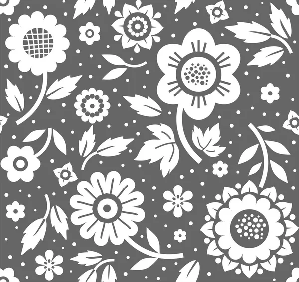 Blommor och kvistar, bakgrund, sömlös, dekorativa, mörk grå, vektor. — Stock vektor
