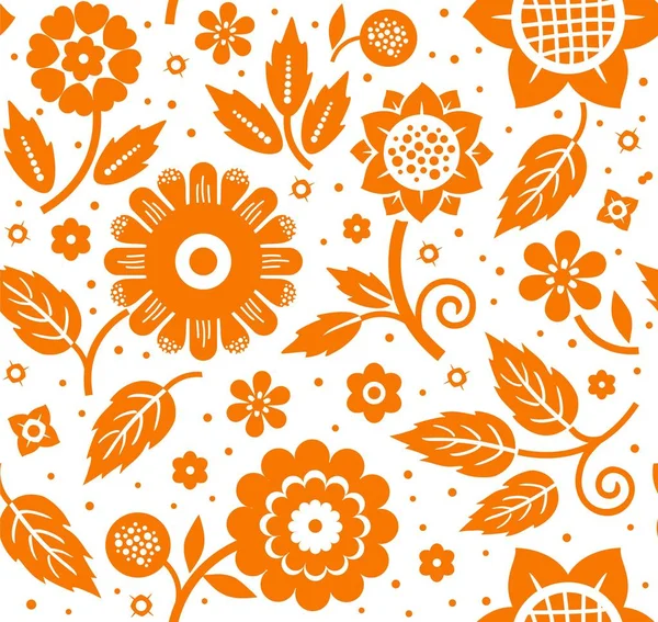 Çiçekler ve yapraklar, dekoratif arka plan, kesintisiz, beyaz-turuncu, vektör. — Stok Vektör