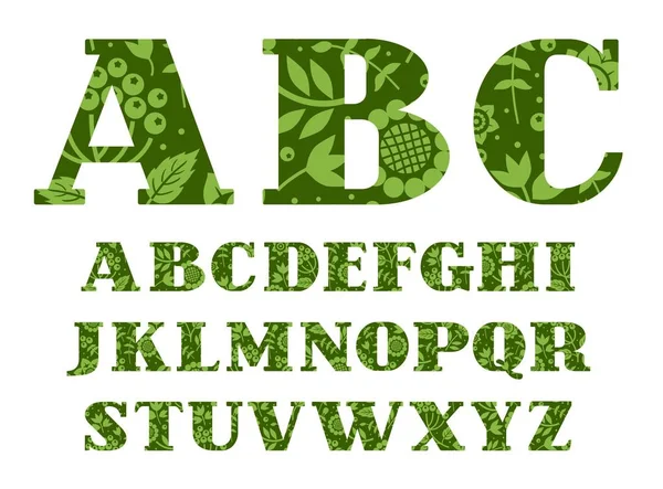 Englisches Alphabet, Beeren und Kräuter, dunkelgrün, Vektor. — Stockvektor