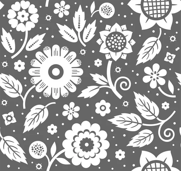 Blommor och blad, dekorativa bakgrund, sömlös, mörk grå, vector. — Stock vektor