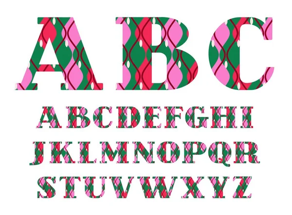 English alphabet, decorative, geometric pattern, green-red, vector. — Stock Vector