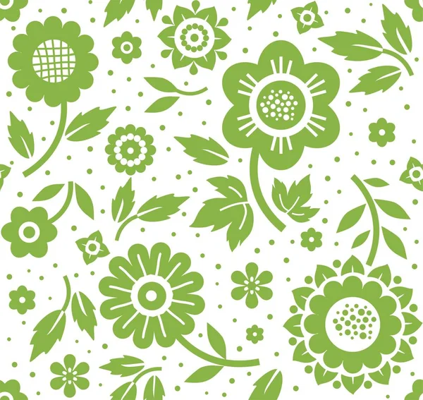 Flowers and twigs, background, seamless, decorative, green and white, vector. — Stock Vector