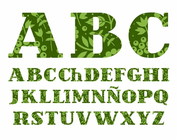Alfabeto espanhol, bagas e ervas, verde, vetor . — Vetor de Stock