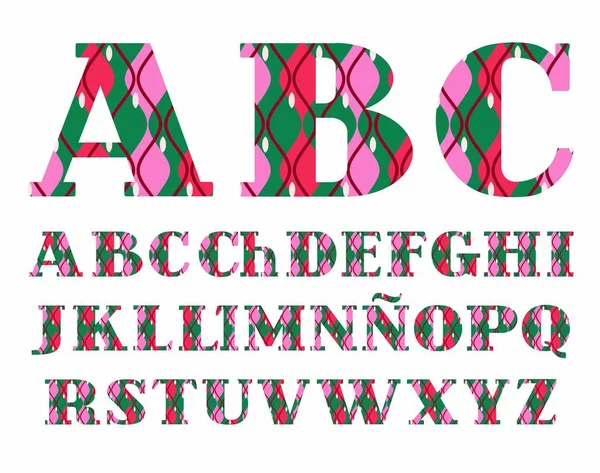 Alphabet espagnol, décoratif, motif géométrique, vert-rouge, vecteur . — Image vectorielle