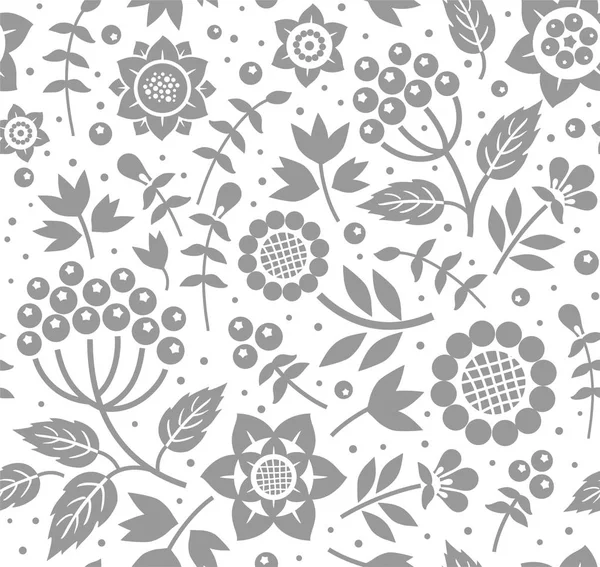 Bayas y ramitas, fondo decorativo, sin costuras, blanco y gris vector . — Vector de stock