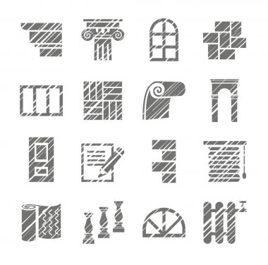 İnşaat ve kaplama malzemeleri, kalem, gölgelendirme simgeler, vektör. Odalar ve Binalar bitirme. İnşaat simgeler. Vektör tek renkli resim. Kapağı gri kalem simülasyonu. 