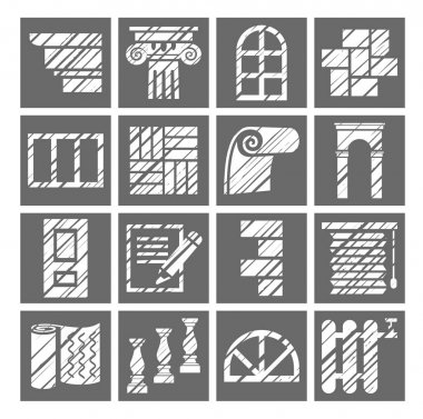 İnşaat ve kaplama malzemeleri, gölgelendirme kalem, beyaz, gri, simgeler, vektör. Odalar ve Binalar bitirme. İnşaat simgeler. Düz, kare resimler. Gri kutu üzerinde beyaz kalem kuluçkalık. Taklit. 