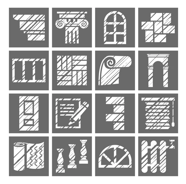 İnşaat ve kaplama malzemeleri, gölgelendirme kalem, beyaz, gri, simgeler, vektör. Odalar ve Binalar bitirme. İnşaat simgeler. Düz, kare resimler. Gri kutu üzerinde beyaz kalem kuluçkalık. Taklit. 