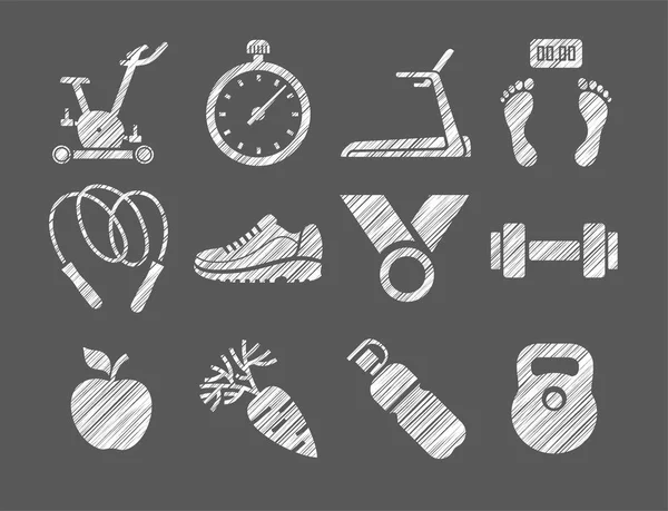 Fitness Sporttraining Symbole Weiß Schattierung Mit Bleistift Vektor Fitnessgeräte Und — Stockvektor