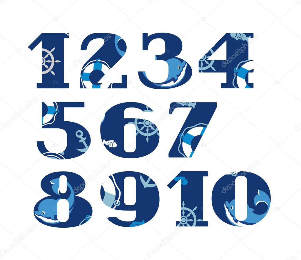 Numbers of marine dolphins, vector. Blue figures with serifs. Vector font. Nautical theme. Dolphins and attributes of sea travel. 