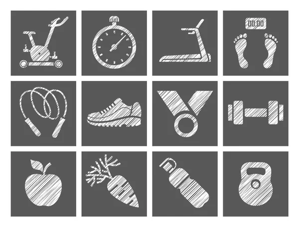 Fitness Entraînement Sportif Icônes Blanc Gris Crayon Ombrage Vecteur Appareils — Image vectorielle
