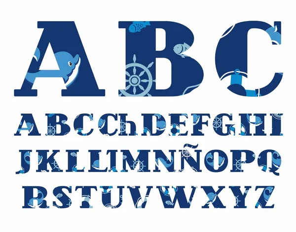 Police Mer Avec Dauphins Alphabet Espagnol Vecteur Lettres Majuscules Alphabet — Image vectorielle
