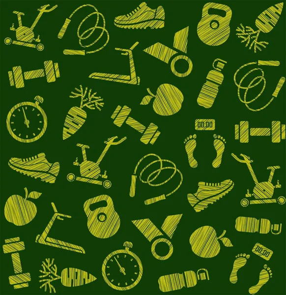 Fitness, sports training, seamless pattern, shading pencil, dark green, vector. Fitness and a healthy lifestyle.  Hatching with a green pencil on a dark green field. Imitation. Vector pattern.