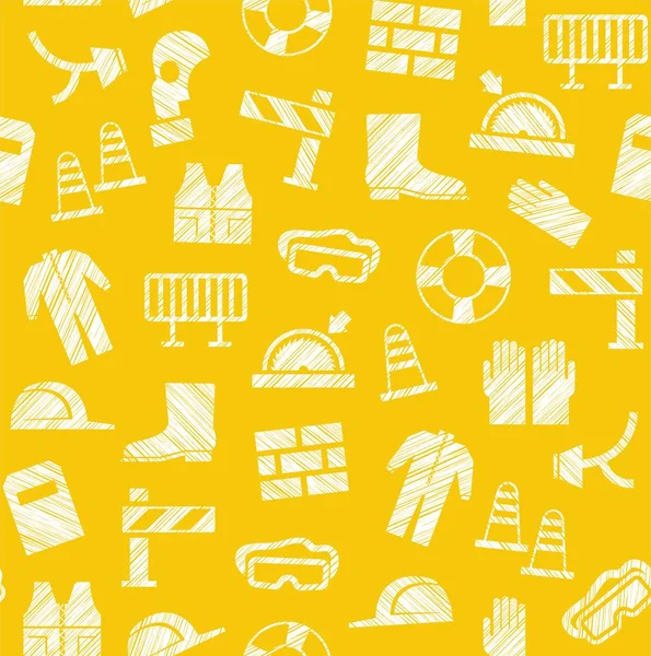 Safety at work, labor protection, seamless pattern, yellow, pencil hatching, vector. Special clothing and means of protection. Safety on the job. Hatching with a white pencil on the yellow field. Imitation. Vector pattern.