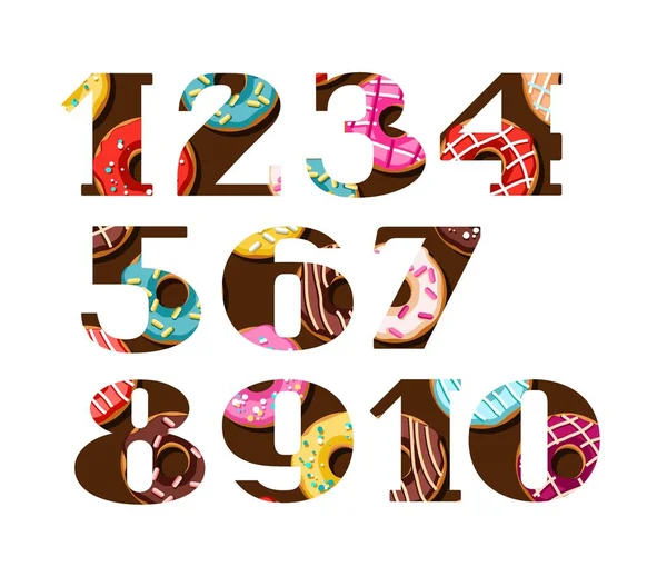 Figuras Rosquinhas Com Esmalte Vetor Fonte Serif Donuts Cobertura Colorida — Vetor de Stock