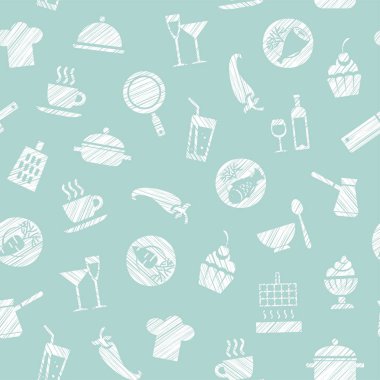 Yemek, seamless modeli, mavi, vektör. Yemekleri ve yemek. Mavi bir alan üzerinde beyaz bir kalem ile yumurtadan. Taklit. Vektör desen.  