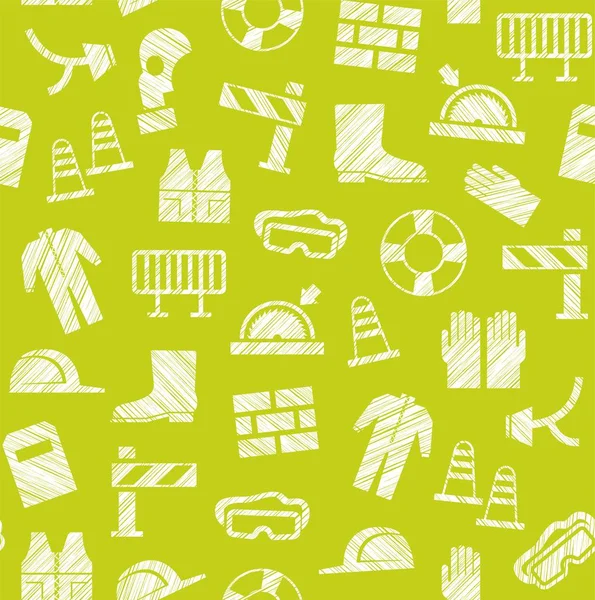 Safety at work, labour protection, seamless pattern, yellow-green, shading with pencil, vector. Special clothing and means of protection. Safety on the job. Hatching with a white pencil on the yellow-green field. Imitation. Vector pattern.