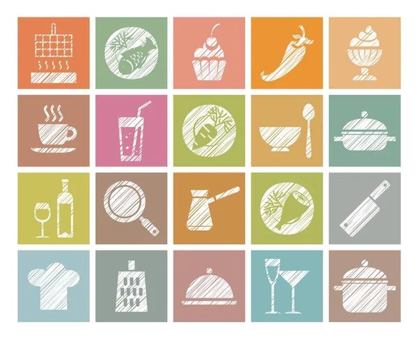 Cooking Icons Colored Pencil Hatching Vector Products Kitchen Utensils Hatching — Stock Vector