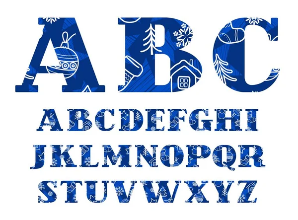 Englische Weihnachtsschrift Winter Blau Vektor Großbuchstaben Des Englischen Alphabets Silvester — Stockvektor