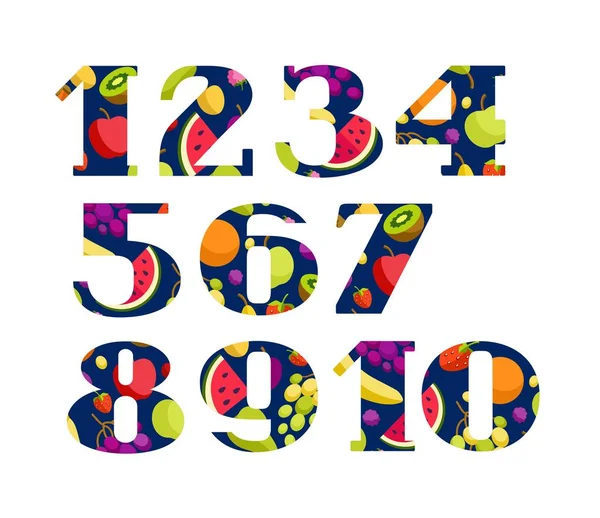 Números Frutas Bayas Color Vector Serif Fuente Color Patrones Planos — Vector de stock