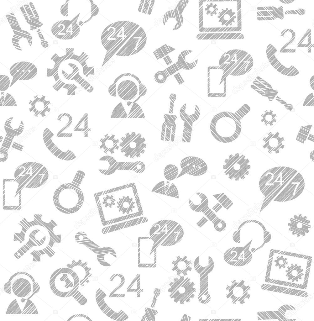Technical support, repair, assistance, seamless pattern, white, pencil hatching, vector. Repair and maintenance of computers and home appliances. Monochrome background. Hatching with a gray pencil on a white field. Imitation. 