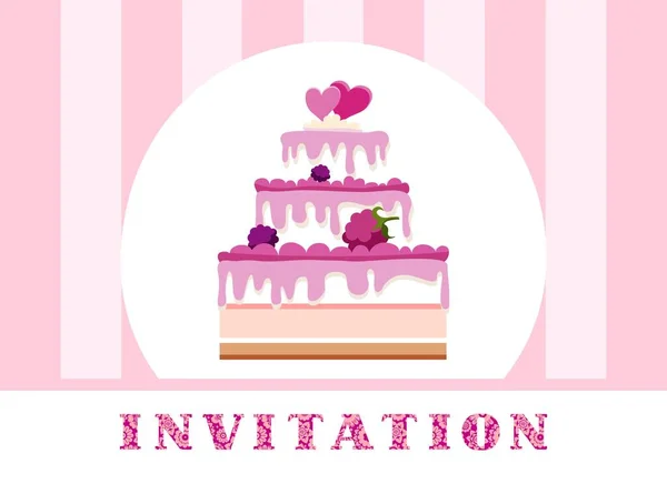 Invitation Raspberry Cake Pink Striped Vector Invitation Birthday Wedding Holiday — Stock Vector