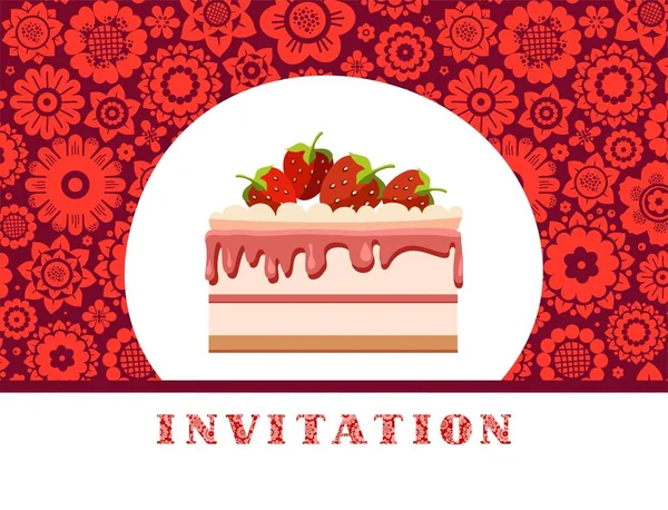 Invitación Pastel Fresa Rojo Oscuro Fondo Floral Vector Invitación Para — Archivo Imágenes Vectoriales