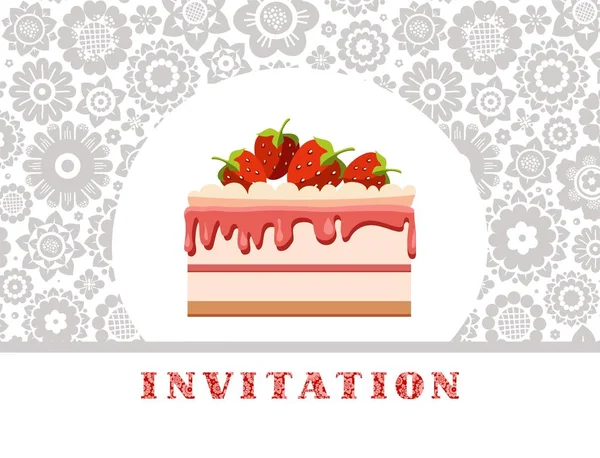 Invitación Pastel Fresa Fondo Floral Blanco Gris Vector Invitación Para — Archivo Imágenes Vectoriales