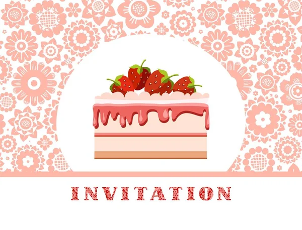 Invitación Pastel Fresa Rosa Blanco Fondo Floral Vector Invitación Para — Archivo Imágenes Vectoriales