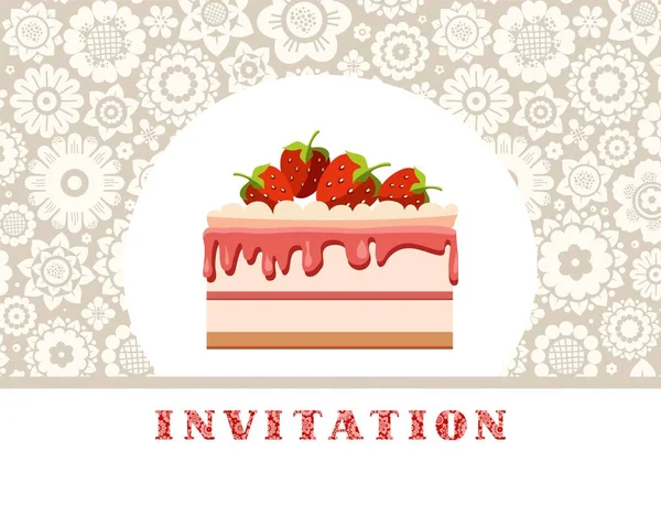 Convite Bolo Morango Cinza Fundo Floral Vetor Convite Para Aniversário — Vetor de Stock
