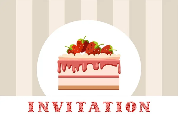 Invitation Strawberry Cake Grey Striped Vector Birthday Invitation Wedding Holiday — Stock Vector