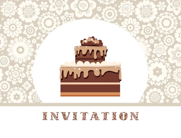Holiday Invitation Chocolate Cake Floral Background Light Grey Vector Birthday — Stock Vector