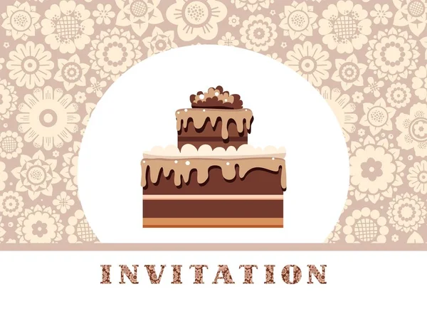 Holiday Invitation Chocolate Cake Floral Background Beige Grey Vector Birthday — Stock Vector